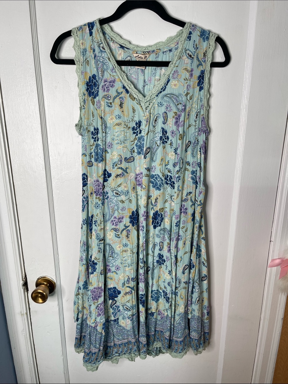 Lola P Dress Small Crinkle Crocheted Trim S Paisley Floral Boho Hippie Flowy